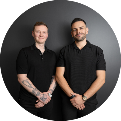 The mortgage brokers at Hayes Financial in front of a dark background